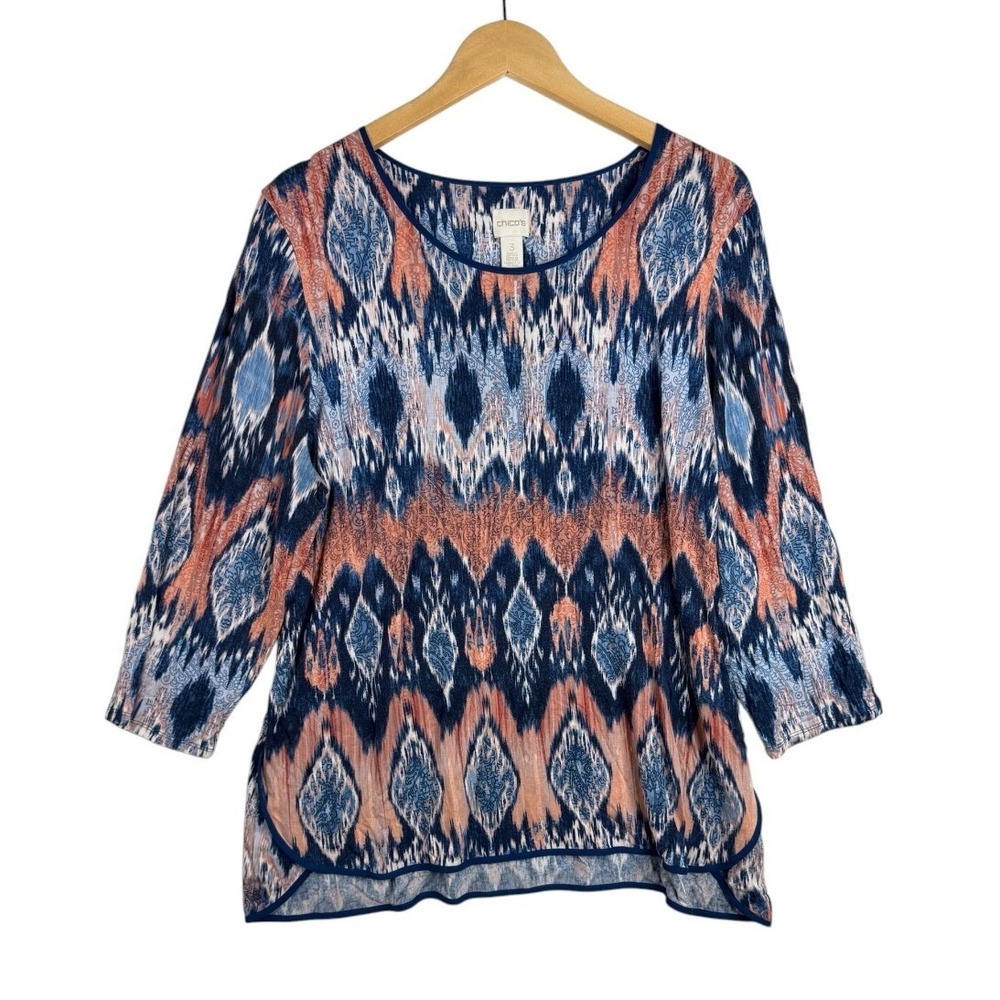 Chico's Womens 3/4 Sleeve Ikat Print Knit Blouse Blue Orange Size 3 | US sz XL